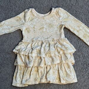 Little Sleepies Play Shimmery Gold Floral Tiered Long Sleeve Dress - 2T